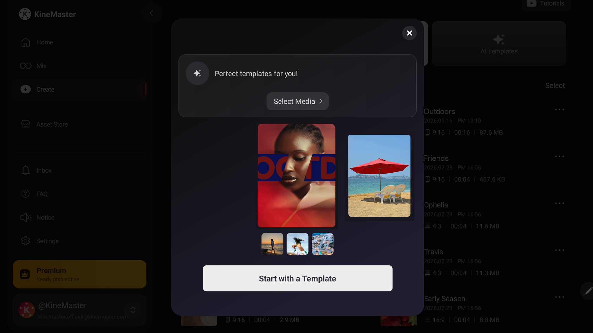 KineMaster 8.2 AI Templates menu showing media scanning and template style options