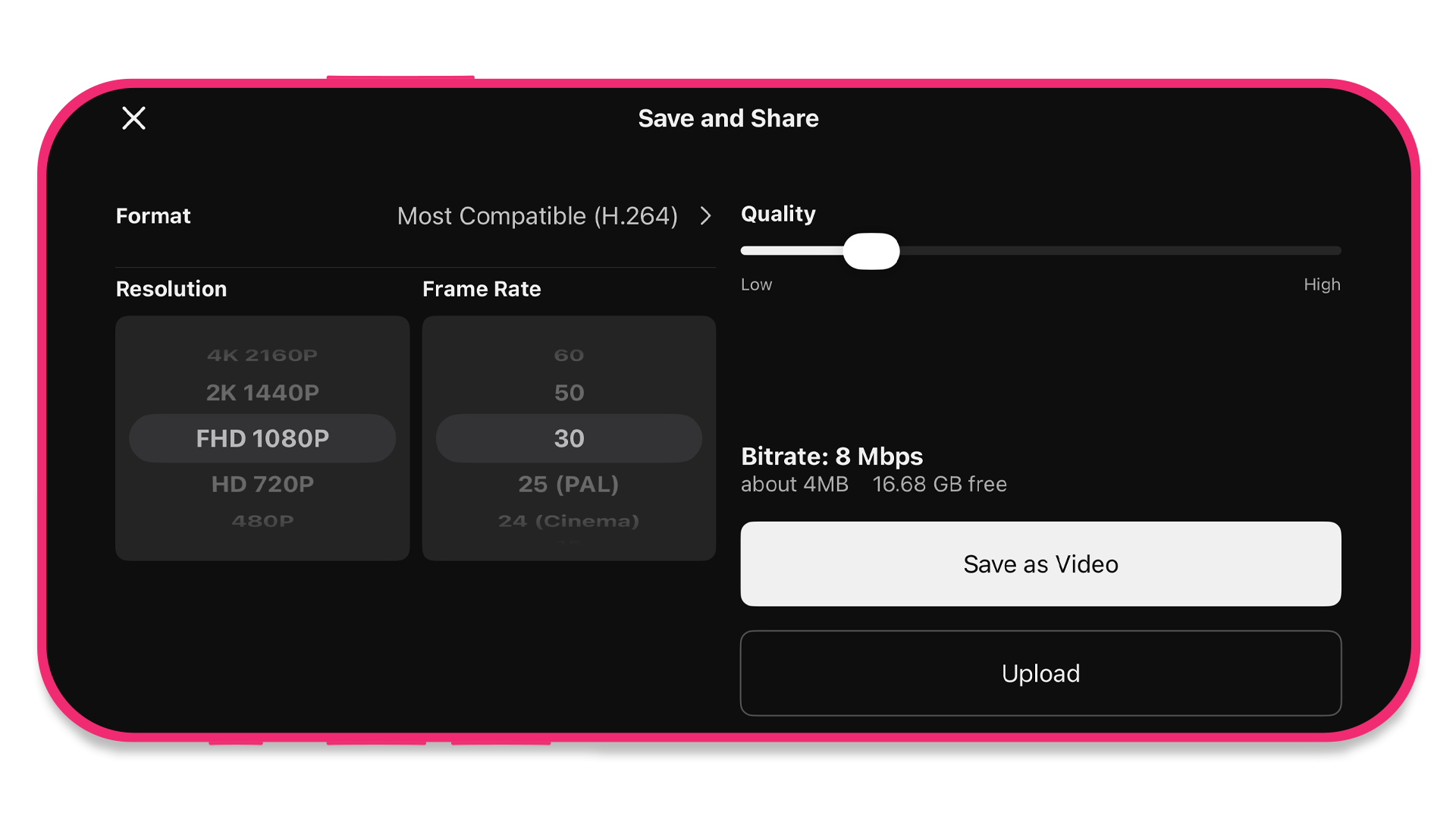 Save your Video at 1080p, 30 FPS and at a medium-low bitrate