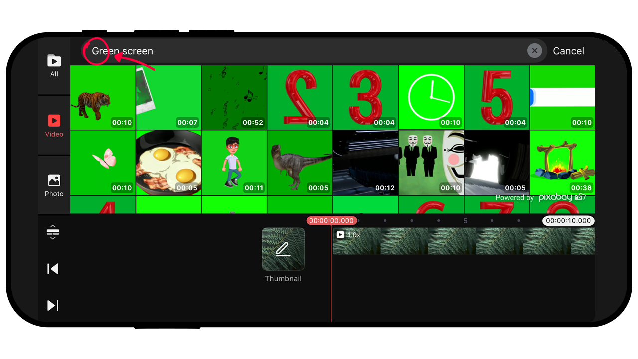Tap Pixaby, tap the Magnifying Glass button, and search for 'Green Screen'