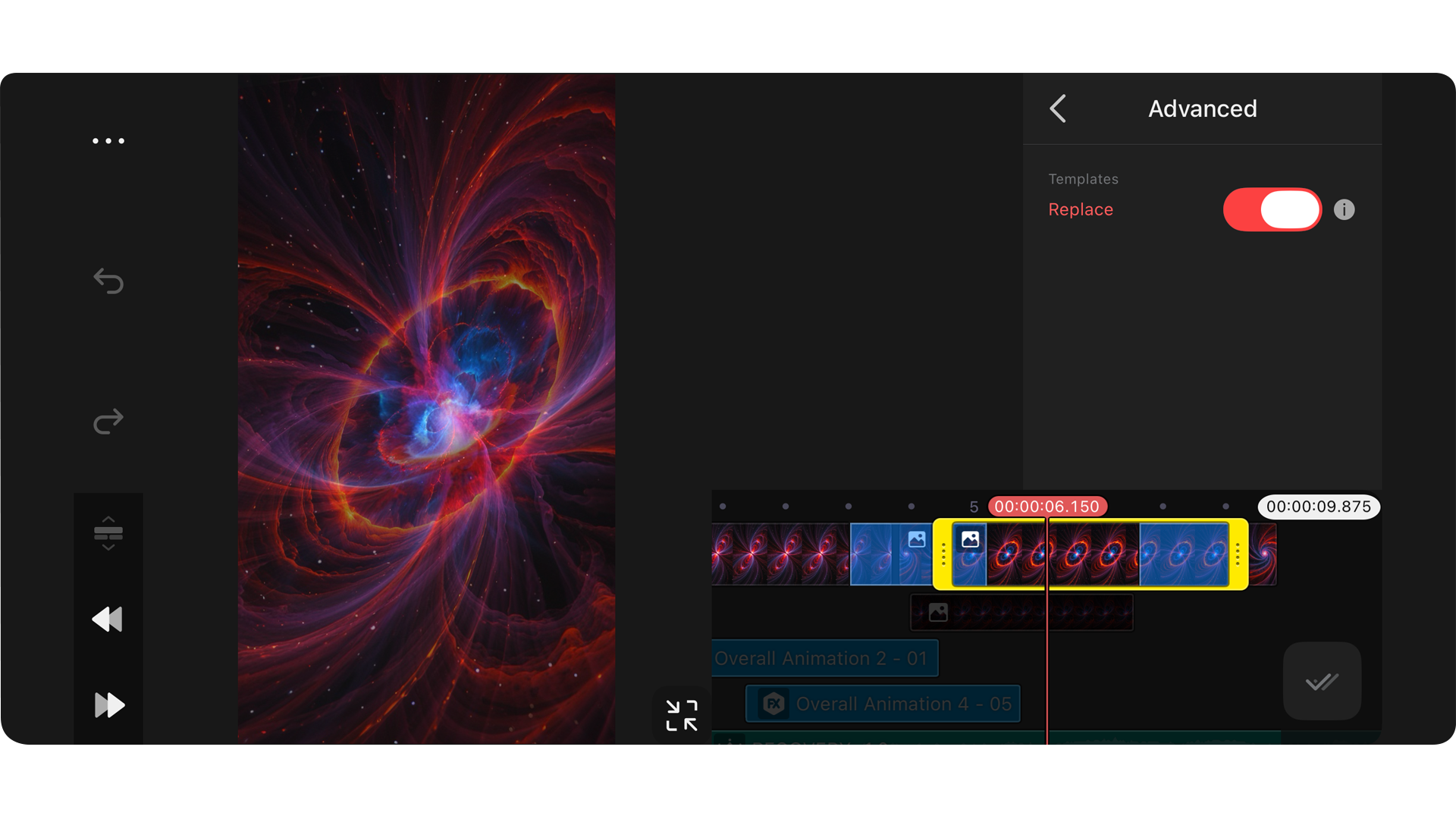 Advanced Replace tool interface highlighted inside the KineMaster editor panel