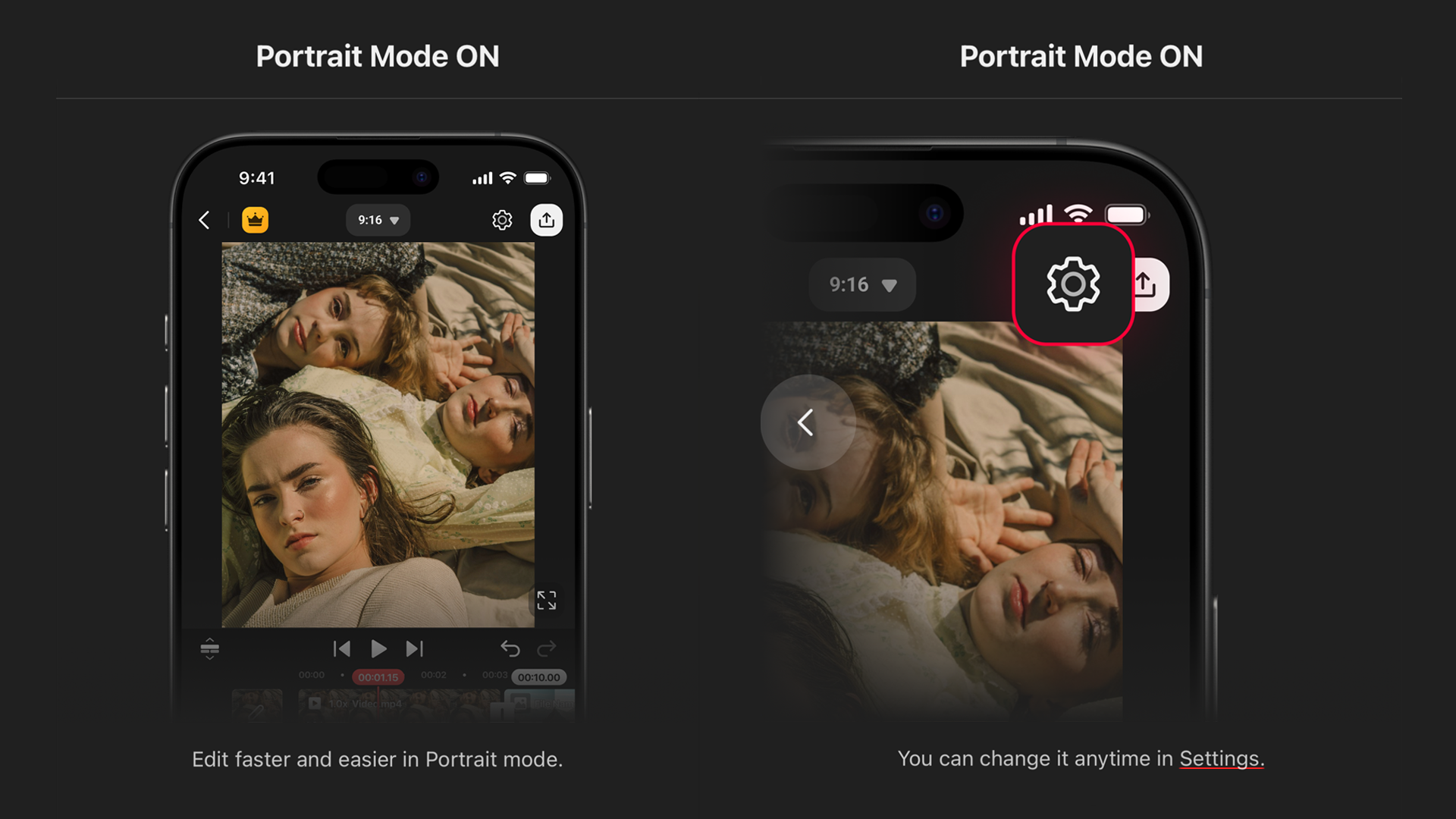 the button to change the orientation of the editing screen is at the top of the portrait mode screen
