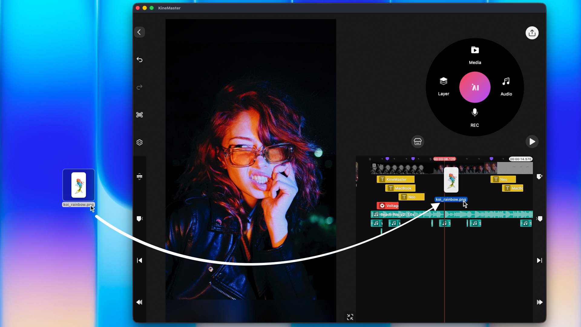 Drag and drop videos, images, and audio from the Desktop directly into your KineMaster project Add video, images, and audio directly from the Desktop into your KineMaster project.