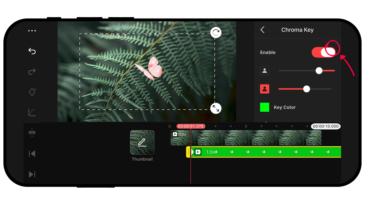 Tap the Enable button to remove solid background colors with the Chroma Key tool