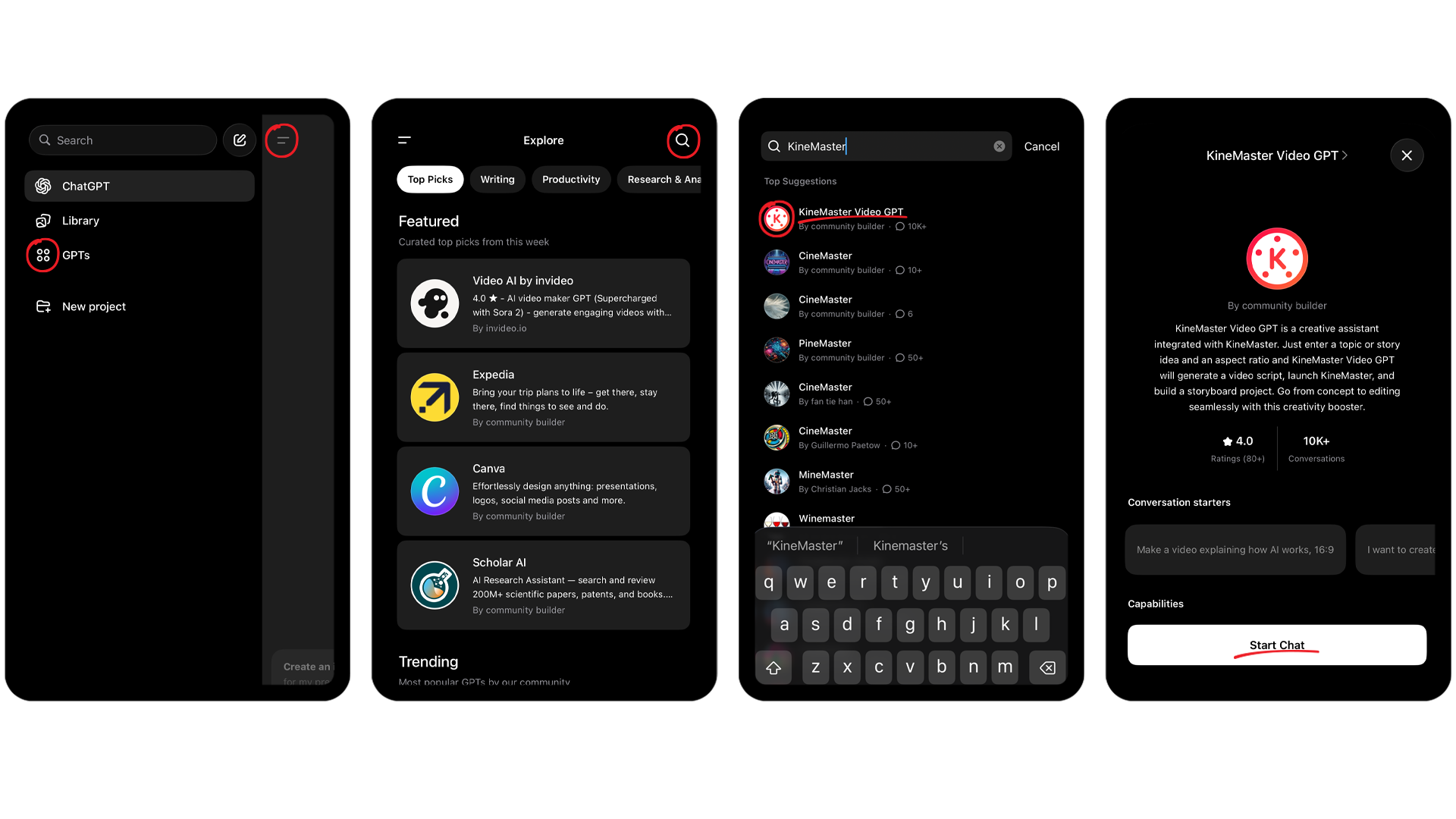 open the ChatGPT app tap the sidebar and search for KineMasterGPT