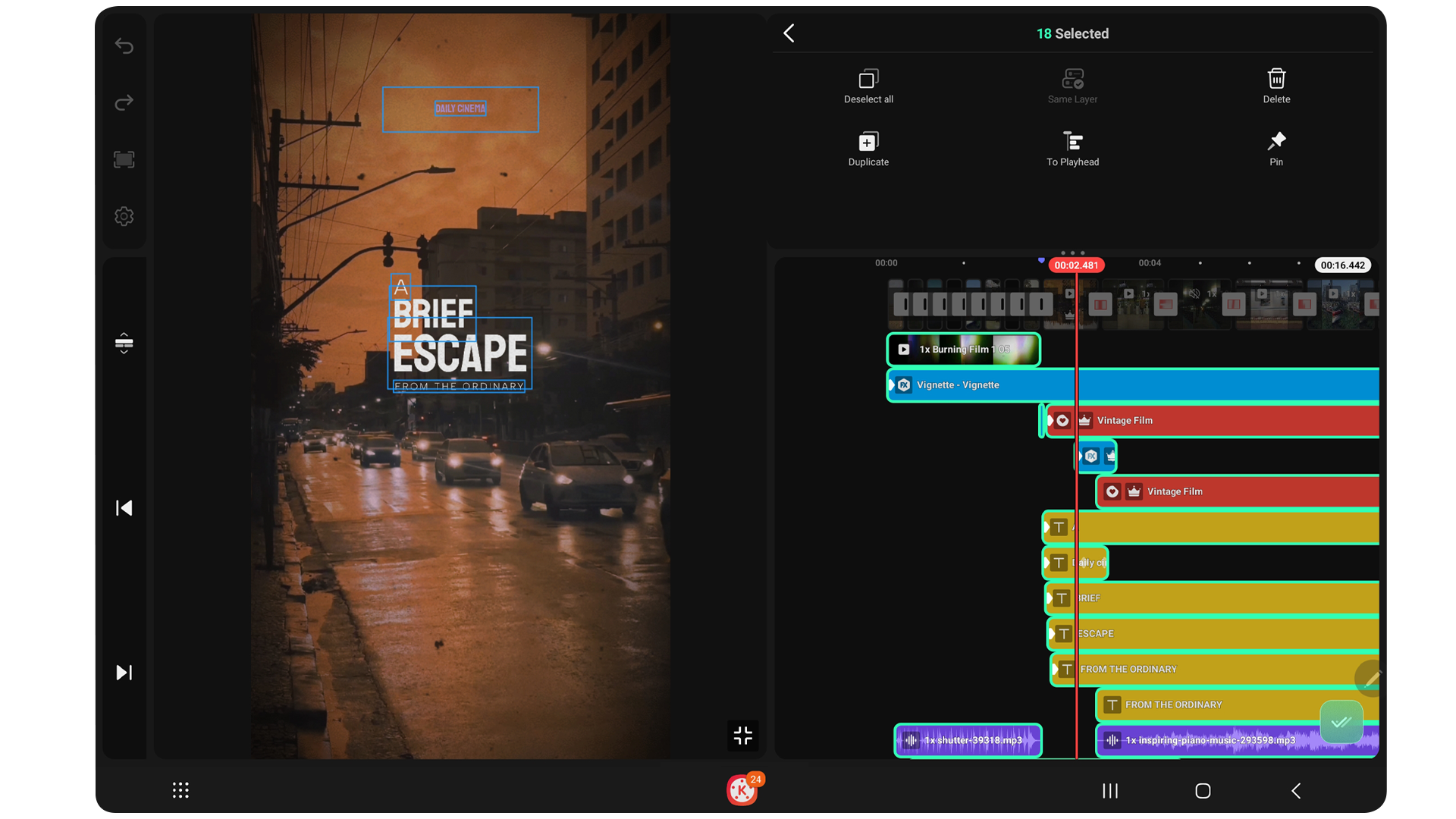 KineMaster editing timeline showing multiple selected video and audio layers
