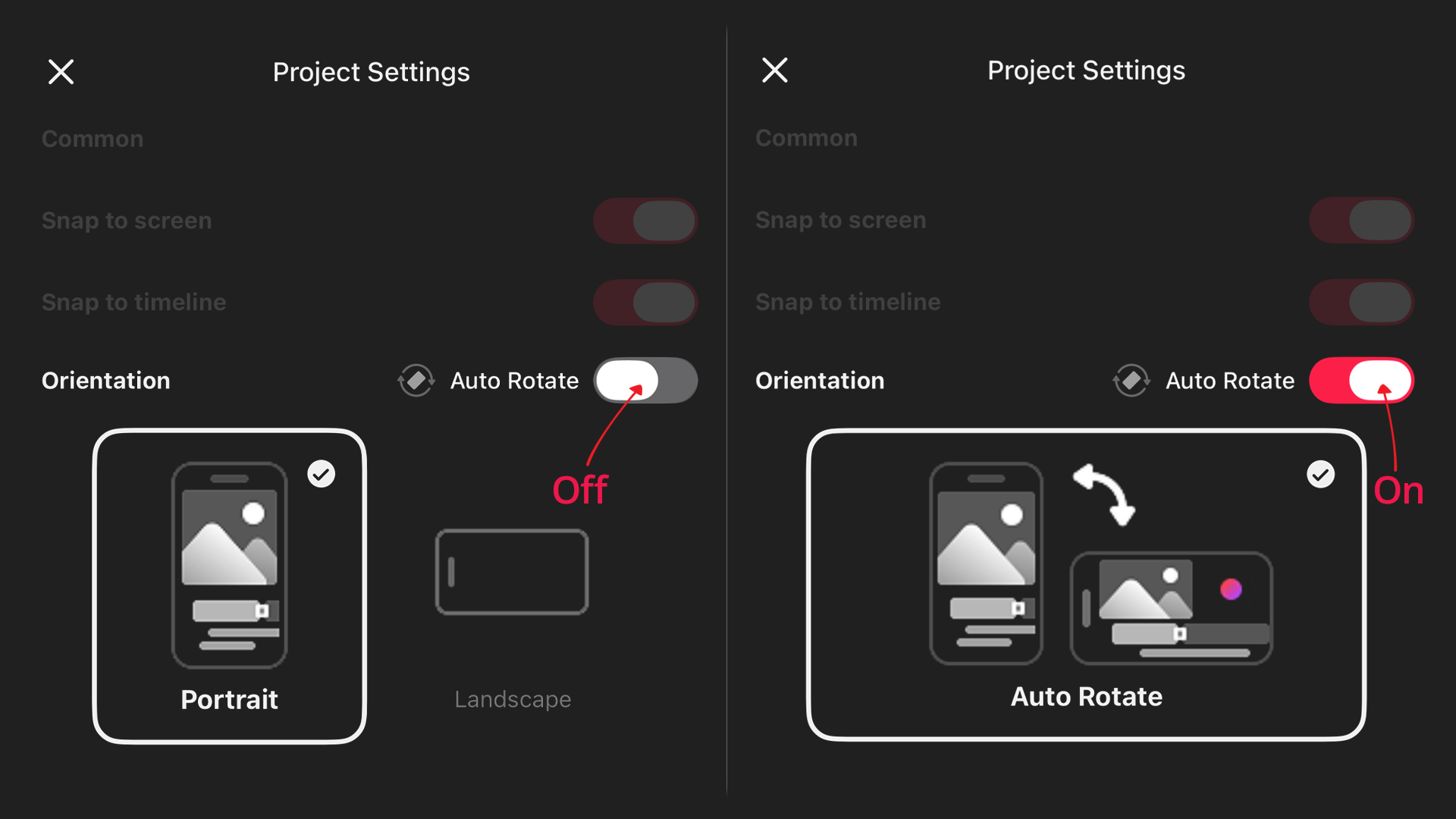 자동 회전을 전환하거나 편집 화면 방향을 고정하세요