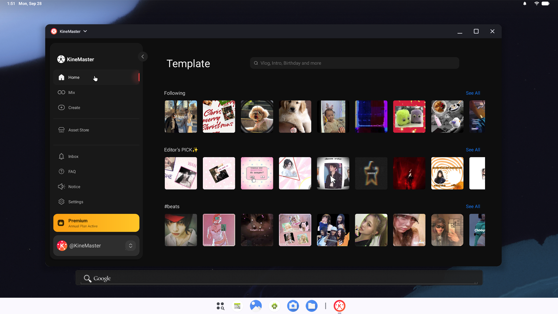 KineMaster 8.2 large-screen layout with collapsed sidebar menu on a tablet display